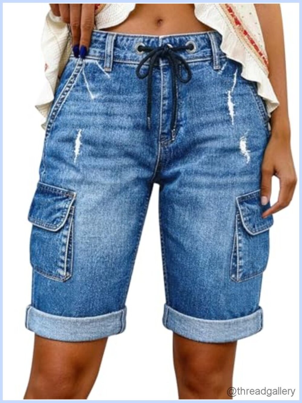 Womens Mid Rise Ripped Cuffed Bermuda Jean Shorts Casual Knee Length
